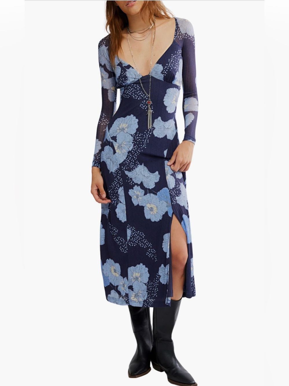 NWT Free People Blue Calla Floral Long Sleeve Knit Midi Dress Size Medium